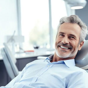 smiling, mature man reclined in dental chair